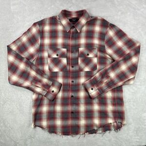 Amiri Flannel Shirt Men XL Red Ombre Plaid Leather Logo Applique Raw Hem Grunge